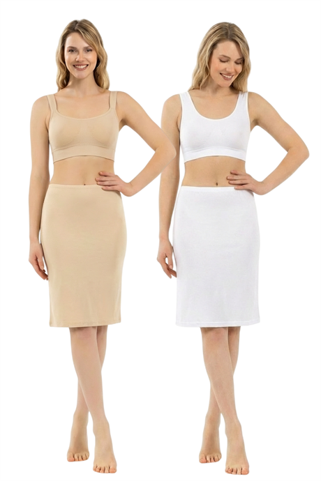 Kadın Viskon Kumaş Esnek Rahat Diz Üstü Astar Jüpon Kombinezon 2'li Paket Ten Beyaz