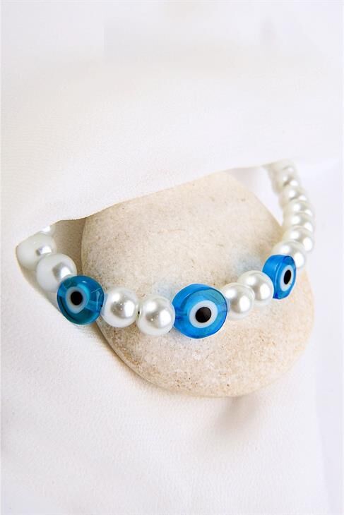 İnci Boncuklu Nazarlık Figürlü Gümüş Renkli Bileklik