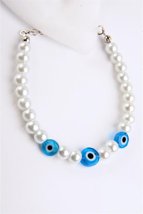 İnci Boncuklu Nazarlık Figürlü Gümüş Renkli Bileklik
