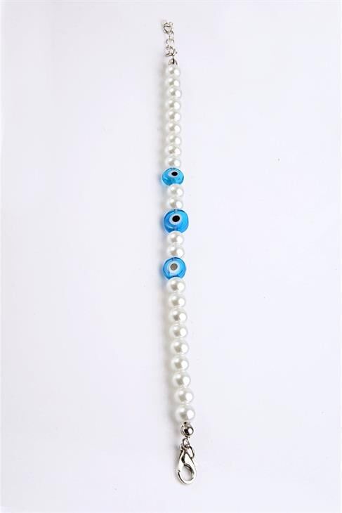 İnci Boncuklu Nazarlık Figürlü Gümüş Renkli Bileklik