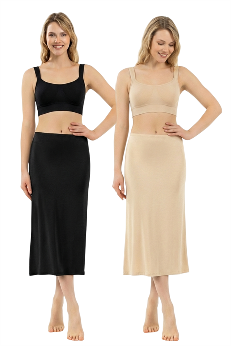 Kadın Viskon Kumaş Diz Altı Uzun Etek Elbise Astarı Jüpon Kombinezon 2'li Paket Ten Siyah