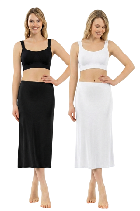 Kadın Viskon Kumaş Diz Altı Uzun Etek Elbise Astarı Jüpon Kombinezon 2'li Paket Siyah Beyaz