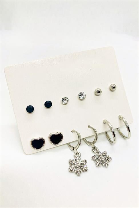 Kar Tanesi Tasarımlı Kalpli Tektaş ve Top Küpeli 6lı Küpe Set