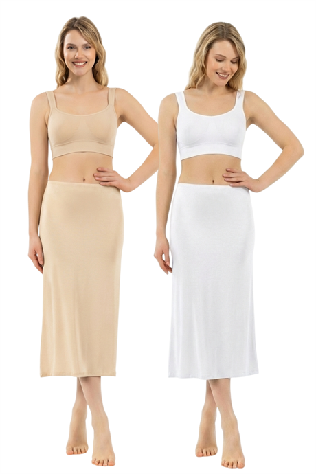 Kadın Viskon Kumaş Diz Altı Uzun Etek Elbise Astarı Jüpon Kombinezon 2'li Paket Beyaz Ten