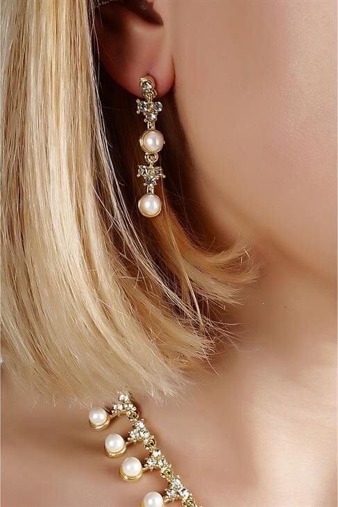 Özel Tasarımlı Turkuaz Taşlı Ve Zirkon Taşlı Kolye Küpe Takı Seti