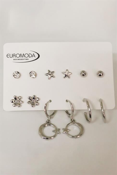 Ay Yıldız Tasarımlı Çiçekli Tektaş ve Top Küpeli 6lı Küpe Seti