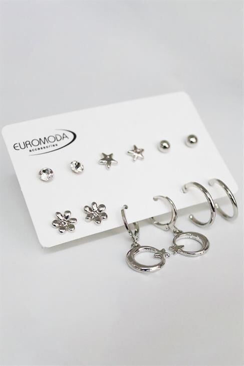 Ay Yıldız Tasarımlı Çiçekli Tektaş ve Top Küpeli 6lı Küpe Seti