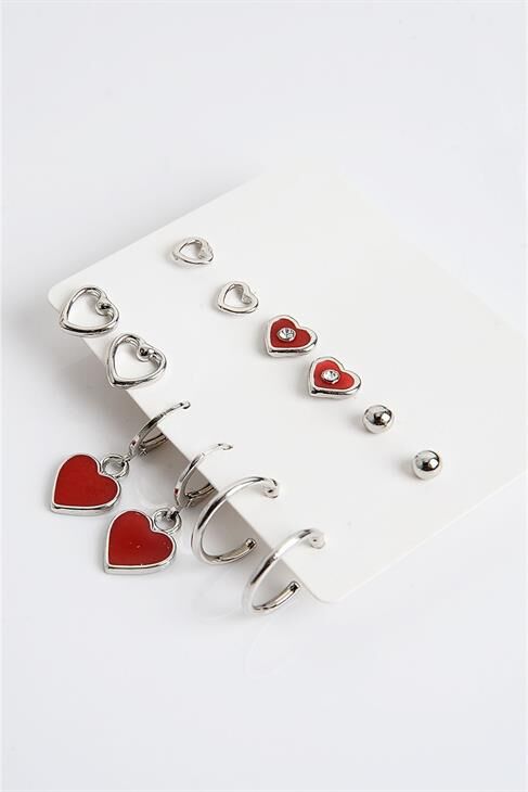 Kalp Tasarımlı Kırmızı Kalpli Halka ve Top Küpeli 6lı Küpe Seti