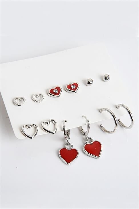 Kalp Tasarımlı Kırmızı Kalpli Halka ve Top Küpeli 6lı Küpe Seti