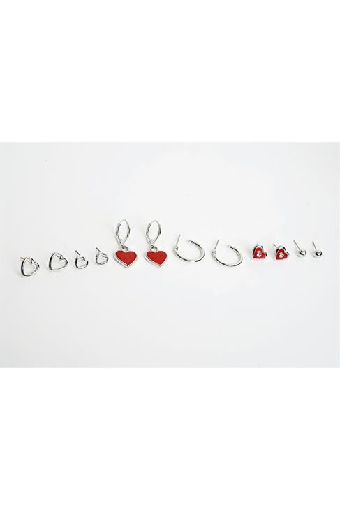 Kalp Tasarımlı Kırmızı Kalpli Halka ve Top Küpeli 6lı Küpe Seti