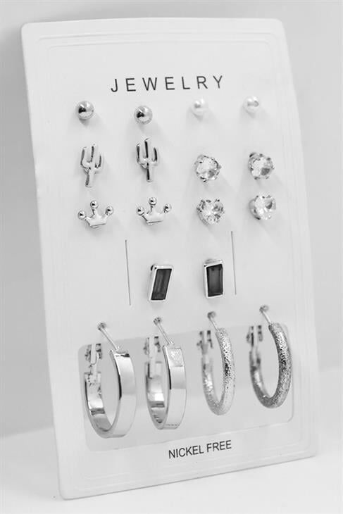 Kaktüs ve Taç Tasarımlı Zirkon Tektaş ve İncili Top Küpeli Yüksek Kaliteli 10lu Küpe Seti