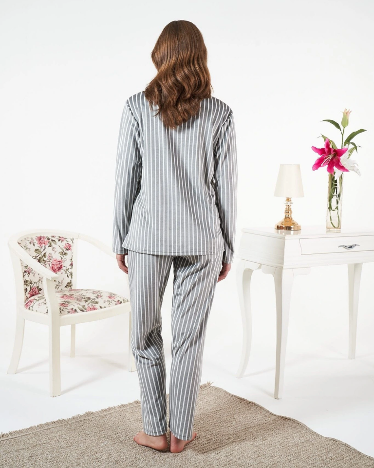 Estiva 25360 Gömlek Yaka Çizgili Kadife Pijama Takımı