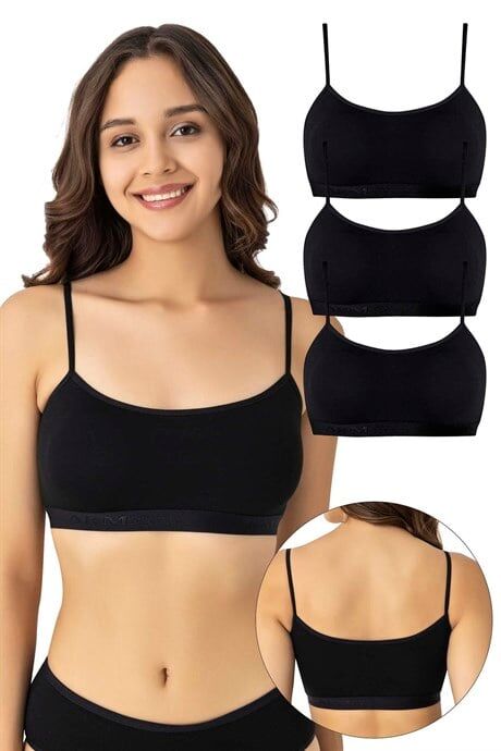 Kadın Pamuklu Likralı İp Askılı Çıkarılabilir Pedli Yarım Atlet Büstiyer Siyah 3'lü Paket