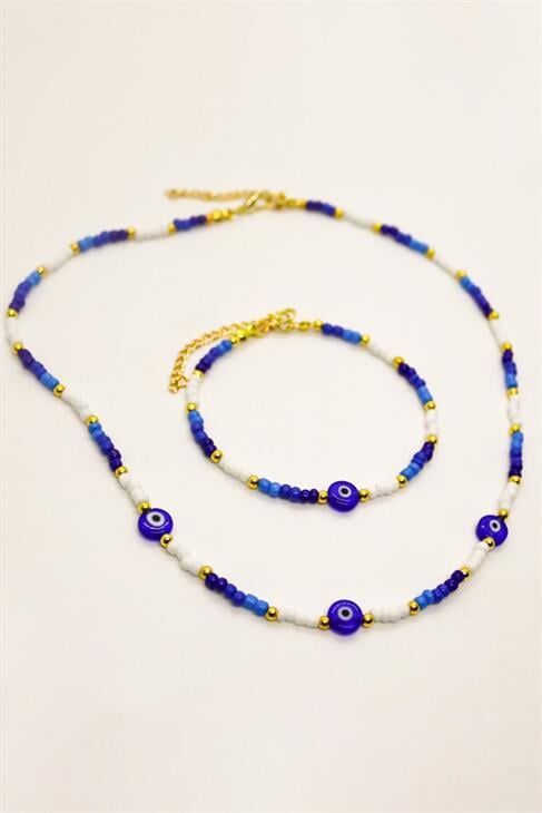 Nazar Boncuğu Figürlü Boncuklu Kolye ve Bileklik Takım