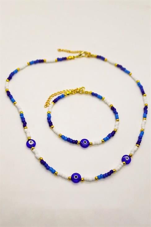 Nazar Boncuğu Figürlü Boncuklu Kolye ve Bileklik Takım