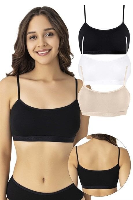 Kadın Pamuklu Likralı İp Askılı Çıkarılabilir Pedli Yarım Atlet Büstiyer Renkli 3'lü Paket