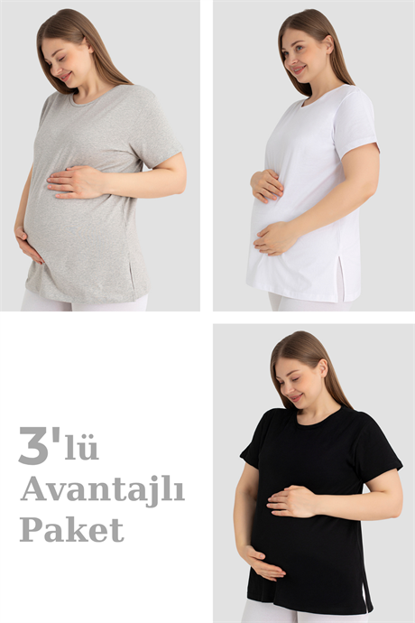 Pamuklu Kısa Kollu Hamile Tişört Renkli 3'lü Paket – Yumuşak ve Rahat Hamile Giyim