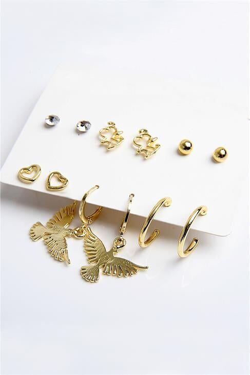 Kuş Kalp ve Köpek Figürlü Gold Renkli Halka Tektaş ve Top Küpeli 6lı Unisex Küpe Seti
