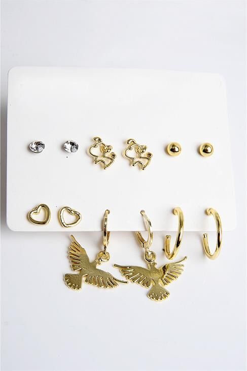 Kuş Kalp ve Köpek Figürlü Gold Renkli Halka Tektaş ve Top Küpeli 6lı Unisex Küpe Seti