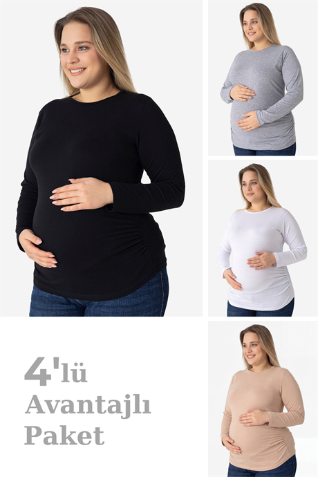 4'lü Paket Renkli Uzun Kollu Hamile Tişört Pamuklu Likralı Yumuşak ve Esnek Kumaş