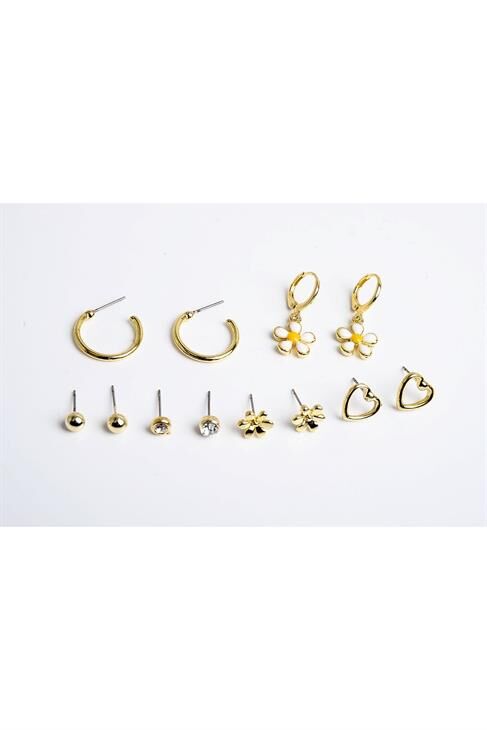 Kalp Ve Papatya Tasarımlı Halka Küpeli 12li Küpe Seti