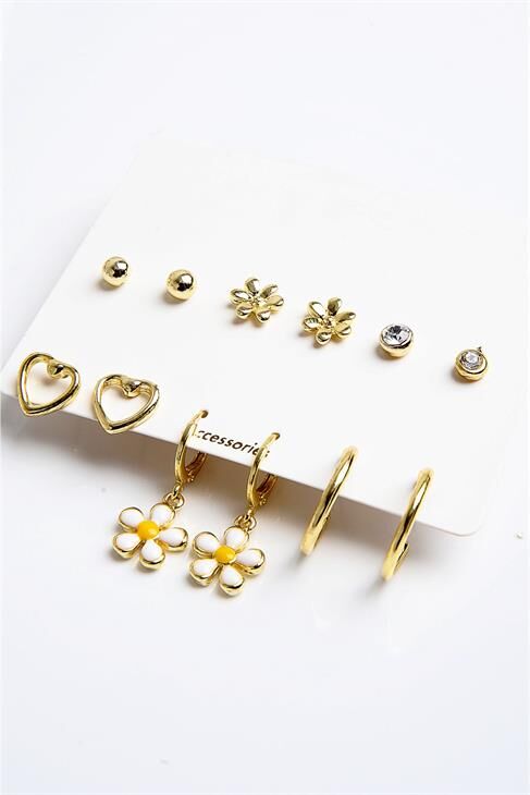 Kalp Ve Papatya Tasarımlı Halka Küpeli 12li Küpe Seti