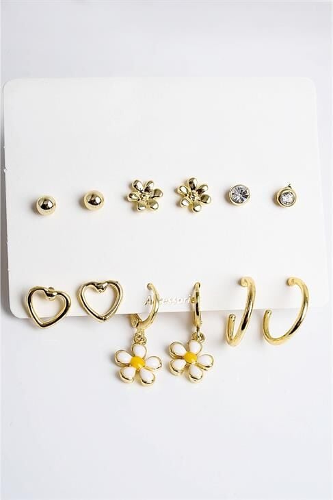 Kalp Ve Papatya Tasarımlı Halka Küpeli 12li Küpe Seti