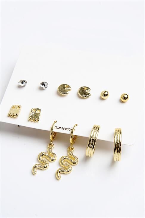 Pac-Man Figürleri Tasarımlı Gold Renkli Desenli Halka Tektaş ve Top Küpeli 6lı Unisex Küpe Seti