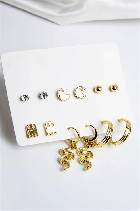 Pac-Man Figürleri Tasarımlı Gold Renkli Desenli Halka Tektaş ve Top Küpeli 6lı Unisex Küpe Seti