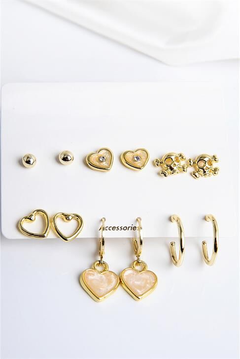 Kalp Modelleri Ve Iskelet Tasarımlı Halka Ve Top Küpeli Küpe 12li Seti