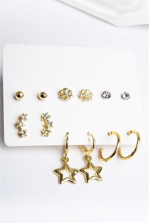 Yıldız Tasarımlı Kar Taneli Gold Renkli Sıralı Yıldızlı 12li Unisex Küpe Seti