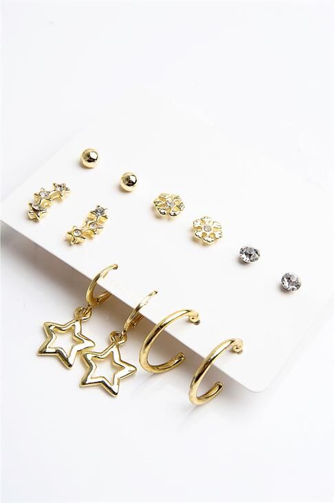 Yıldız Tasarımlı Kar Taneli Gold Renkli Sıralı Yıldızlı 12li Unisex Küpe Seti