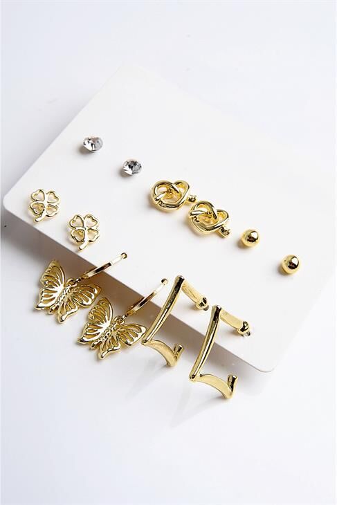 Kelebek Kalp ve Yonca Figürlü Gold Renkli Halka Tektaş ve Top Küpeli 6lı Unisex Küpe Seti