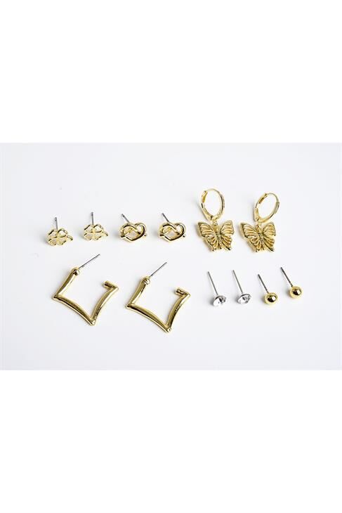 Kelebek Kalp ve Yonca Figürlü Gold Renkli Halka Tektaş ve Top Küpeli 6lı Unisex Küpe Seti