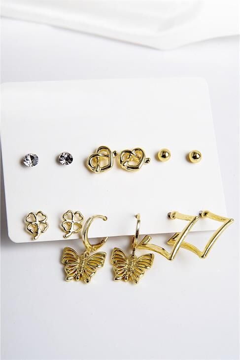 Kelebek Kalp ve Yonca Figürlü Gold Renkli Halka Tektaş ve Top Küpeli 6lı Unisex Küpe Seti