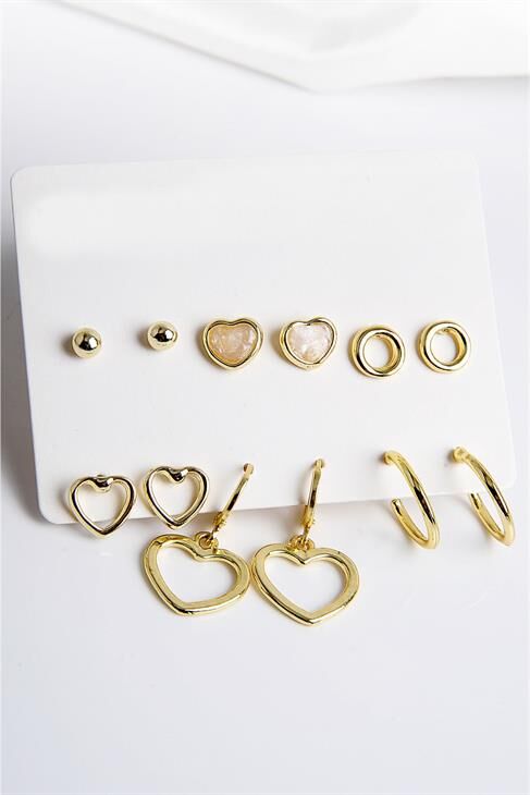 3 Model Kalp Tasarımlı Yuvarlak Ve Top Küpeli 12li Küpe Seti