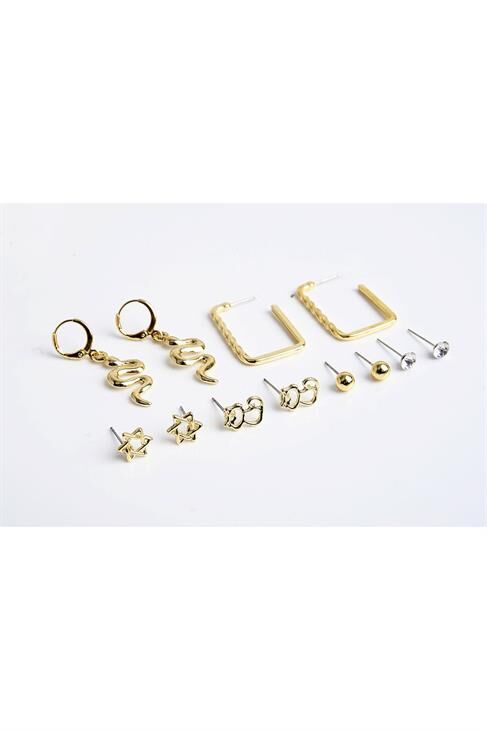 Yılan Kedi ve Yıldız Figürlü Gold Renkli Halka Tektaş ve Top Küpeli 6lı Unisex Küpe Seti