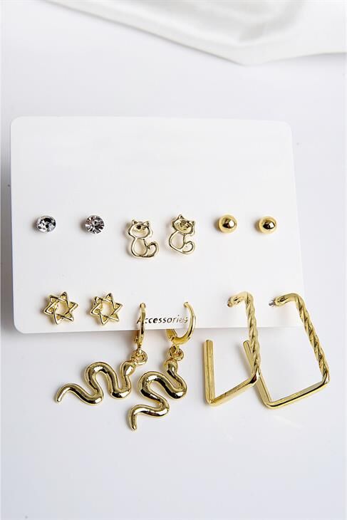 Yılan Kedi ve Yıldız Figürlü Gold Renkli Halka Tektaş ve Top Küpeli 6lı Unisex Küpe Seti