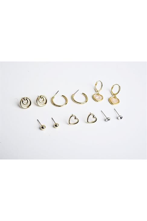 Kalp Figürlü Özel Sembollu Gümüş Renkli 12li Küpe Seti