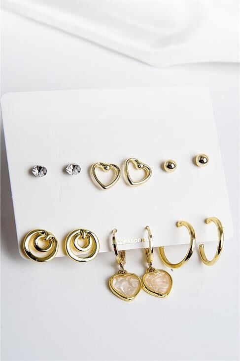 Kalp Figürlü Özel Sembollu Gümüş Renkli 12li Küpe Seti