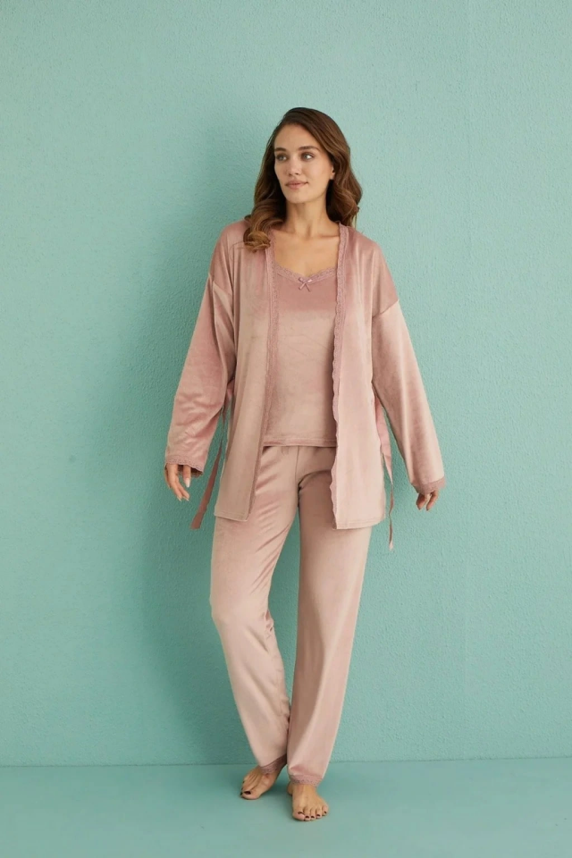 Mihra 13402 Kadın Kadife 3'Lü Pijama Takımı