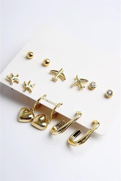 Kalp Yıldız ve Uçak Figürlü Gold Renkli Halka Tektaş ve Top Küpeli 6lı Unisex Küpe Seti