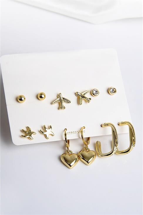 Kalp Yıldız ve Uçak Figürlü Gold Renkli Halka Tektaş ve Top Küpeli 6lı Unisex Küpe Seti
