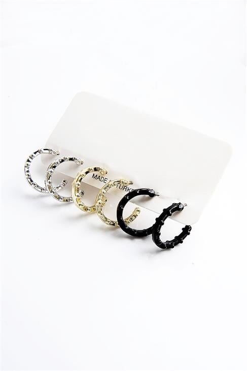 Gold Gümüş ve Siyah Renkleri Halka Tasarımlı 3lü Küpe Seti
