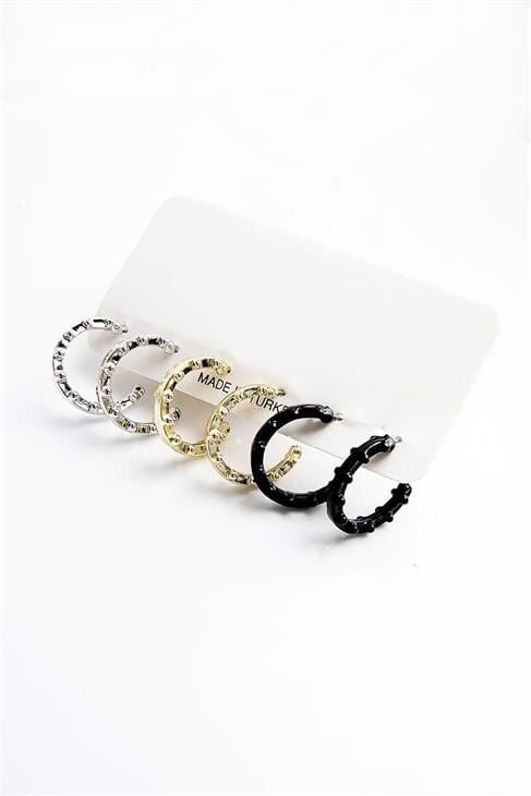 Gold Gümüş ve Siyah Renkleri Halka Tasarımlı 3lü Küpe Seti