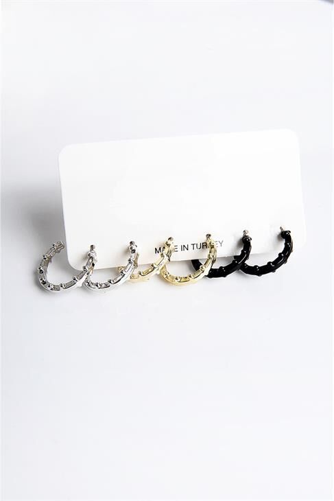 Gold Gümüş ve Siyah Renkleri Halka Tasarımlı 3lü Küpe Seti