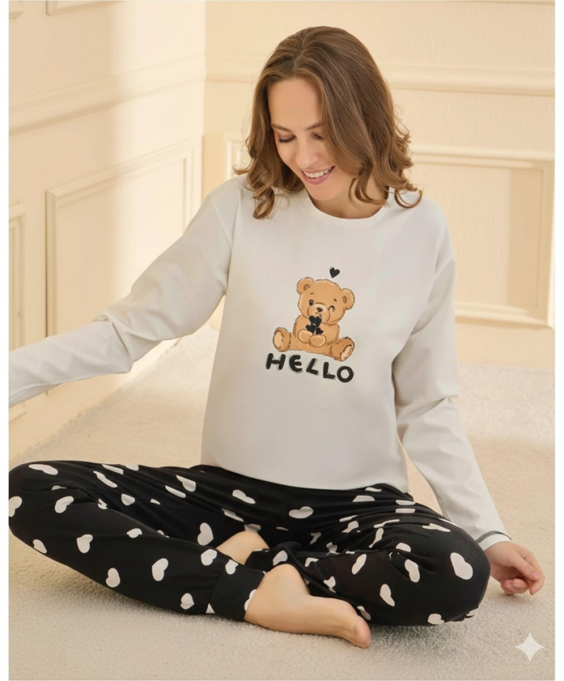 Mihra 90781 Kadın Ayıcıklı Uzun Kol Pijama Takımı