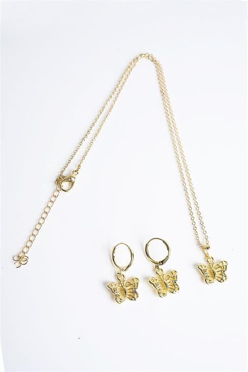 Kelebek Tasarımlı Gümüş Renkli Kolye Küpe Seti