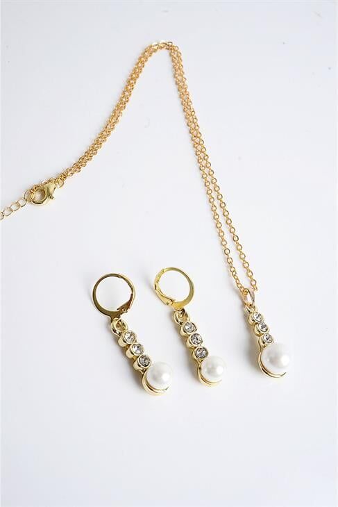 İnci ve Zirkon Taşlı Gold Renkli Kolye Küpe Seti