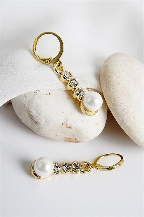 İnci ve Zirkon Taşlı Gold Renkli Kolye Küpe Seti